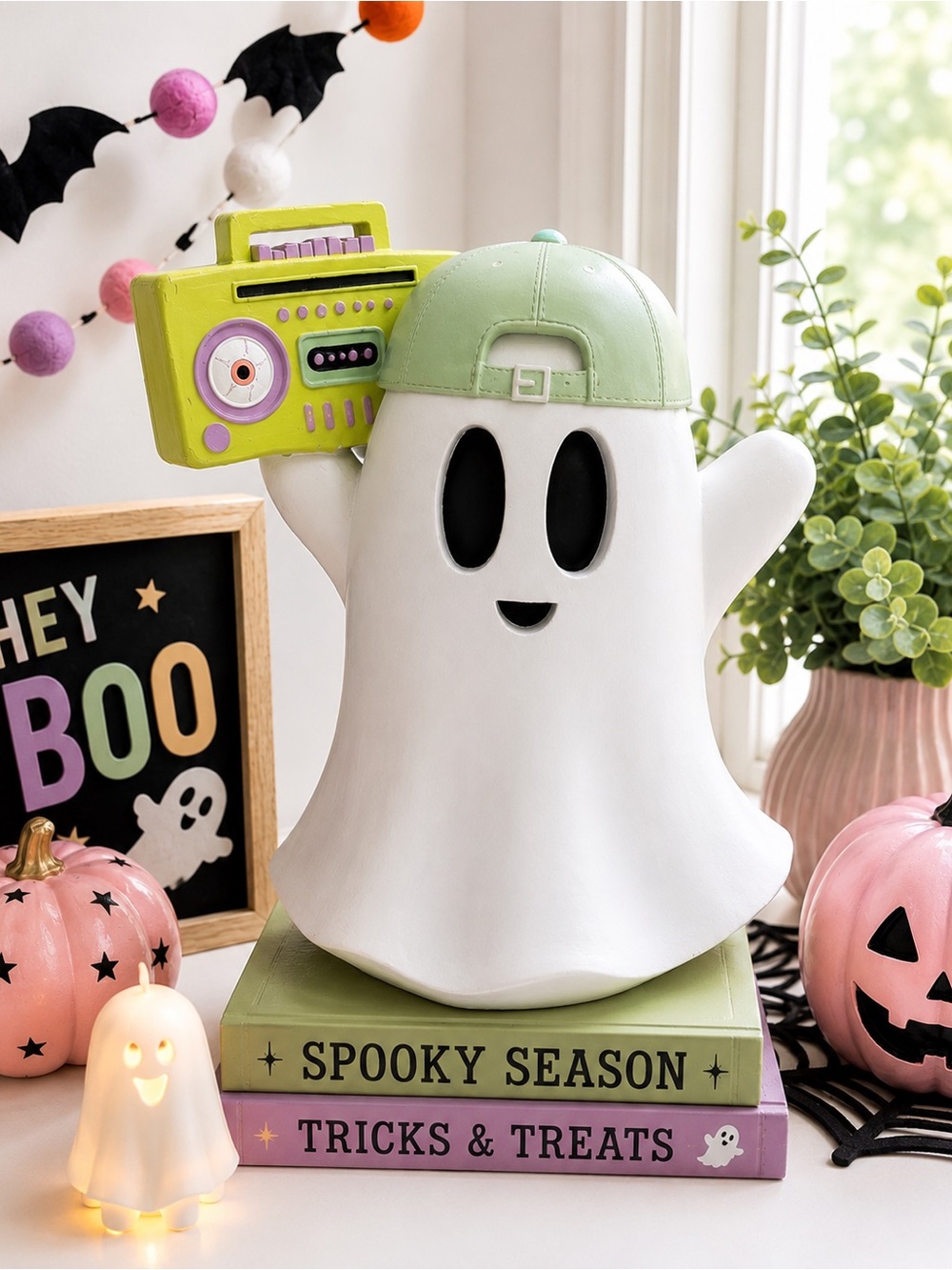 Retro Halloween Ghost Boombox Light Up Musical Decor Pastel Spooky Cute